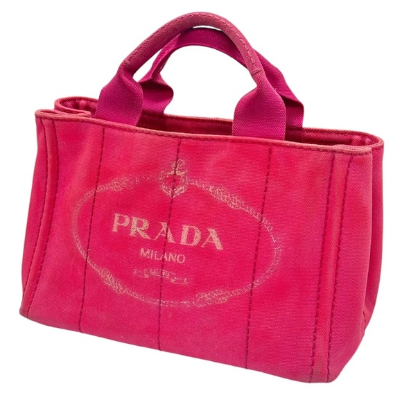 PRADA Logo Canapa Mini Canvas Hand Bag Tote Bag Pink Authentic - Picture 1 of 16